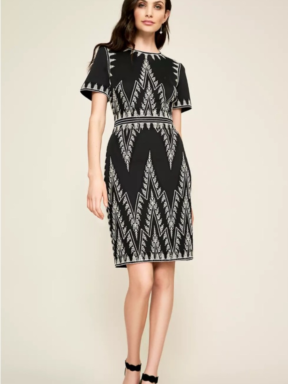 Tadashi Shoji Black and White Patterned Sheath Dress size 14 wedding guest